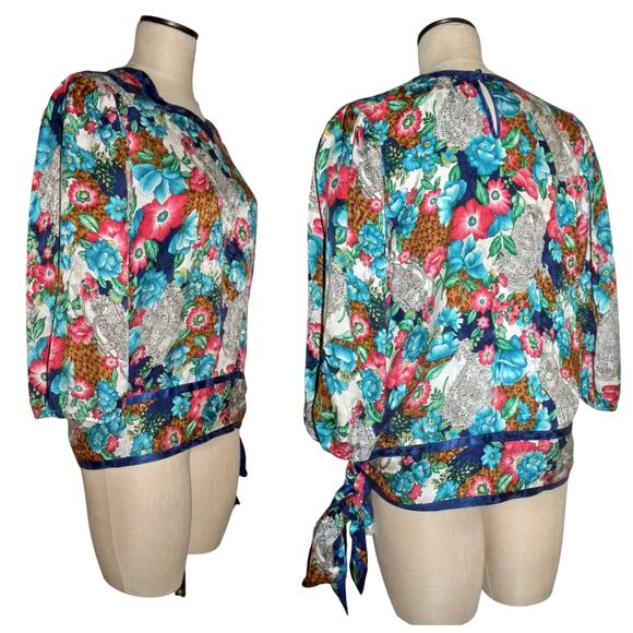 80s DIANE FREIS Floral Silk Blouse w Sash | Blouson Tunic XS/S - Picture 6 of 9